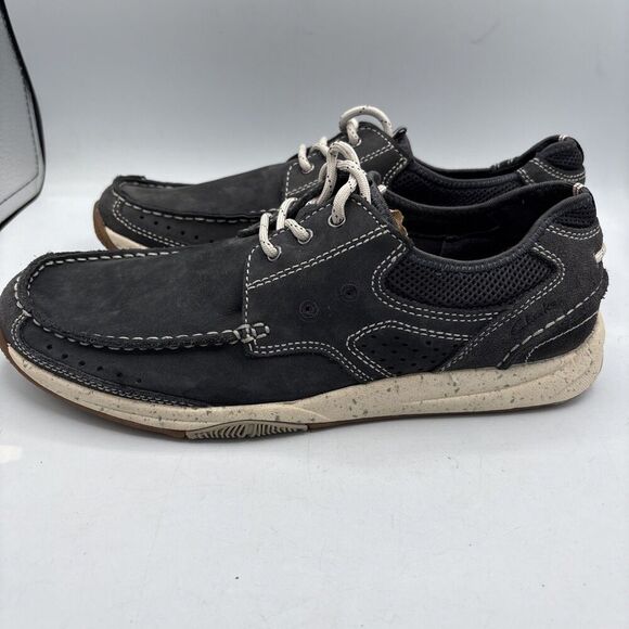 CLARKS Allston Edge Mens Leather Boat Shoe Navy Nubuck 9M Marine Blue lace up - Picture 3 of 8
